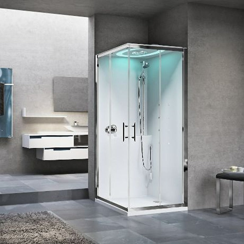 Dampfdusche Novellini EON A mit Eckeinstieg und Schiebetüren – moderne Komplettdusche mit Dampfsauna und Massagedüsen für das Designbad
